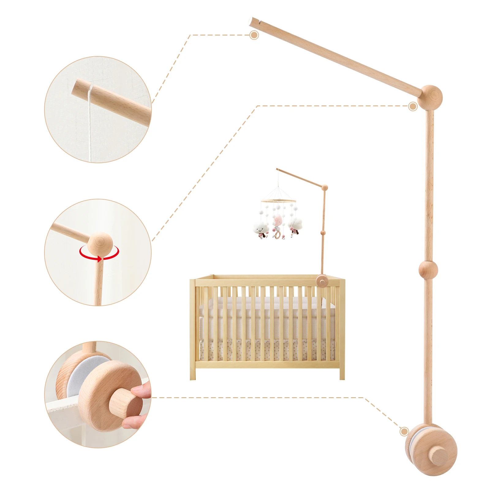 Let's Make เด็กเตียงไม้ Bell เปลเด็กมือถือแขวน Rattles Bracket โทรศัพท์มือถือของเล่นแขวน Bed Bell ไม้ผู้ถือวงเล็บแขน