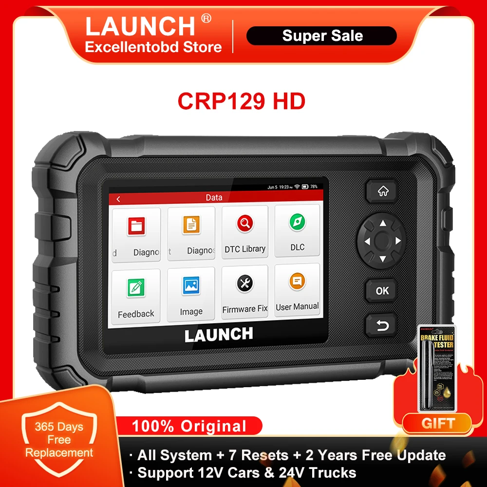 LAUNCH X431 CRP129 HD Car Full System Diagnostic Tools Support 12V Cars 24V Trucks 7 Reset Functions 2 Years Free Update