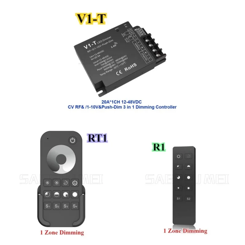 

SKYDANCE V1-T 3 in 1 Dimming Controller 20A*1CH DC12-48V CV RF 1-10V&Push-Dim RT1/R1 1Zone Dimming Remote Control for Led Strip