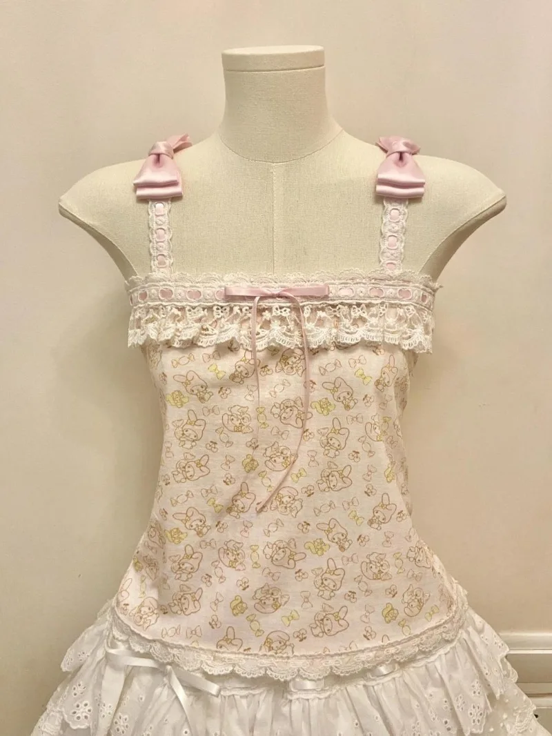 Kimotimo Pure Sweet Print Lace Splicing Bow Camisole Vest Women Summer Outerwear Slim Fit Sleeveless Crop Top Japanese Y2k Tanks