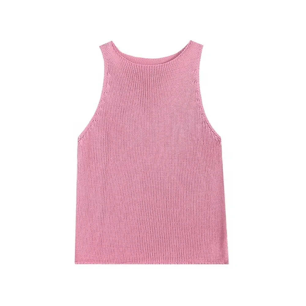 PB&ZA2024 Summer New Women\'s Fashion and Elegance Casual Round Neck Knitted Tank Top Sleeveless T-shirt