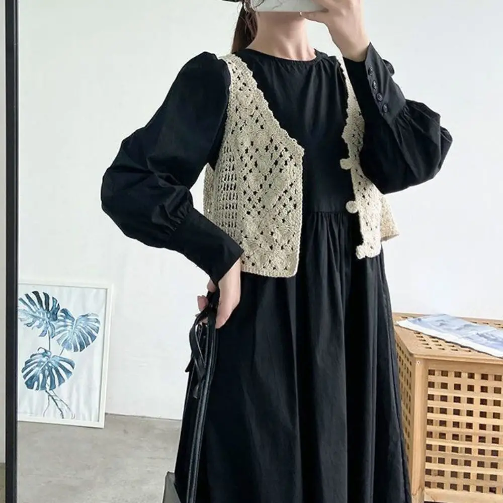 Vintage Hollow Out Vest Crochet Crop Tank Tops Knitted Sleeveless Fabric Buttons Up Cardigans Chic Beach Casual Tops Women