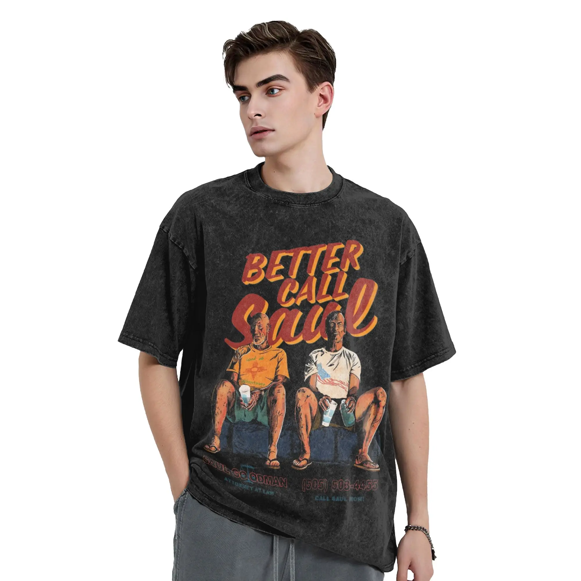 Washed T Shirt Better Call Saul Bad Choice Road Hip Hop Retro T-Shirt High Street Streetwear Graphic Tops Tees Men Women