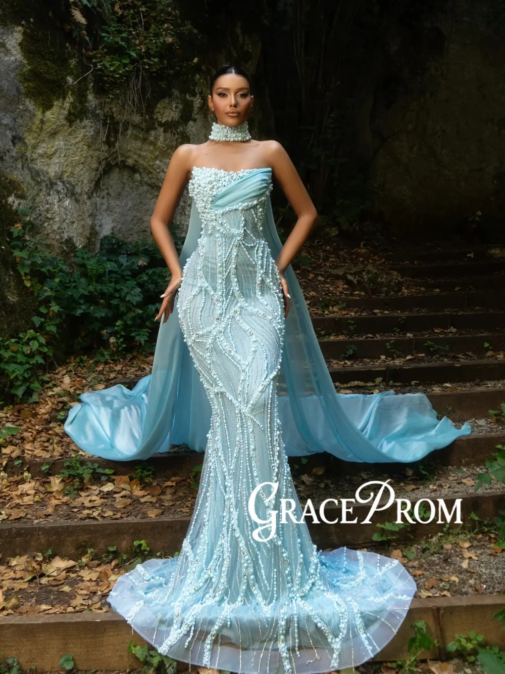 

New Gorgeous Pearls Long Evening Dress Light Blue Strapless Mermaid Wedding Party Gown Customized Sleeveless Red Carpet Gowns