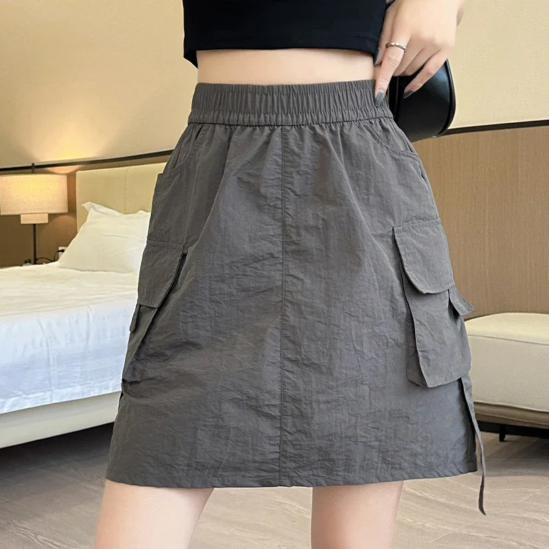 American High Waist Short Cargo Skirts Women Summer New Stylish Big Pockets Quick Dry Sporty Skirt Simple Solid A-Line Faldas