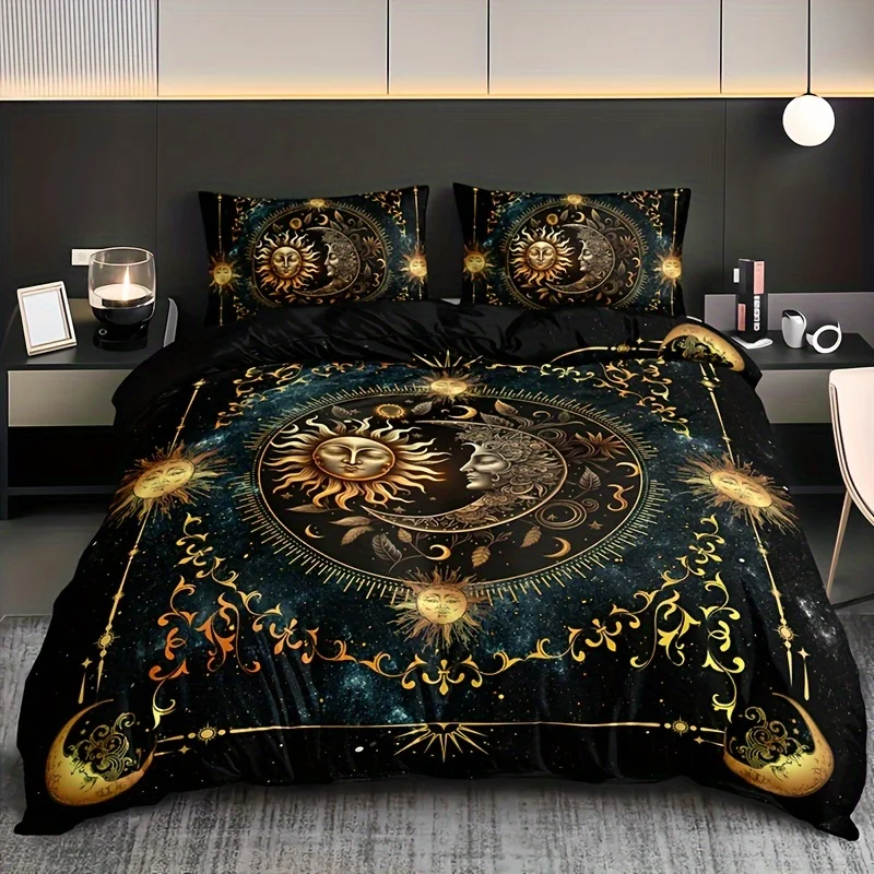

3pcs Bedding Set - Elegant & Golden Sun/Moon/Planets Print Duvet Cover with 2 Pillowcases, All-Season for Queen/King Size Beds