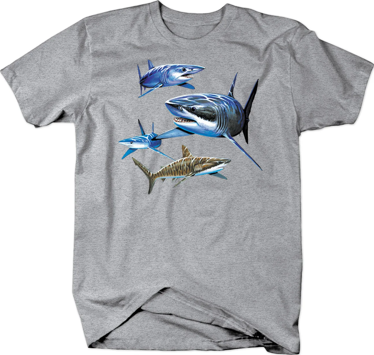 Shark Pack in the Deep Blue Sea Water. Great White Tiger Shark T Shirt. Short Sleeve 100% Cotton Casual T-shirts Loose Top S-3XL