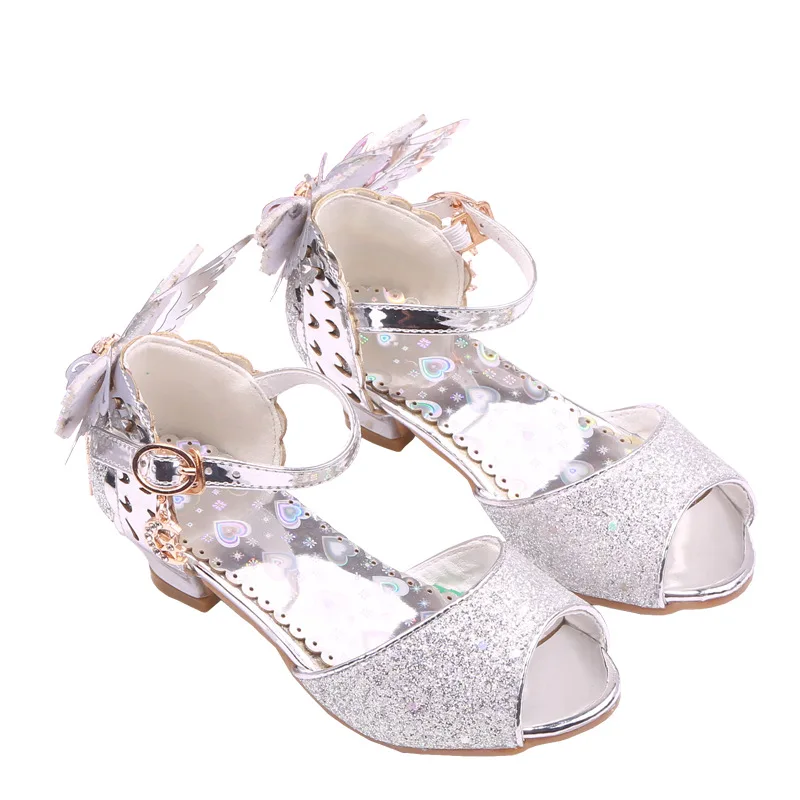 New Girls Sandals Summer Rhinestones Butterfly Children's High Heels Student Show Performance Fish Mouth Kids Princess Shoes