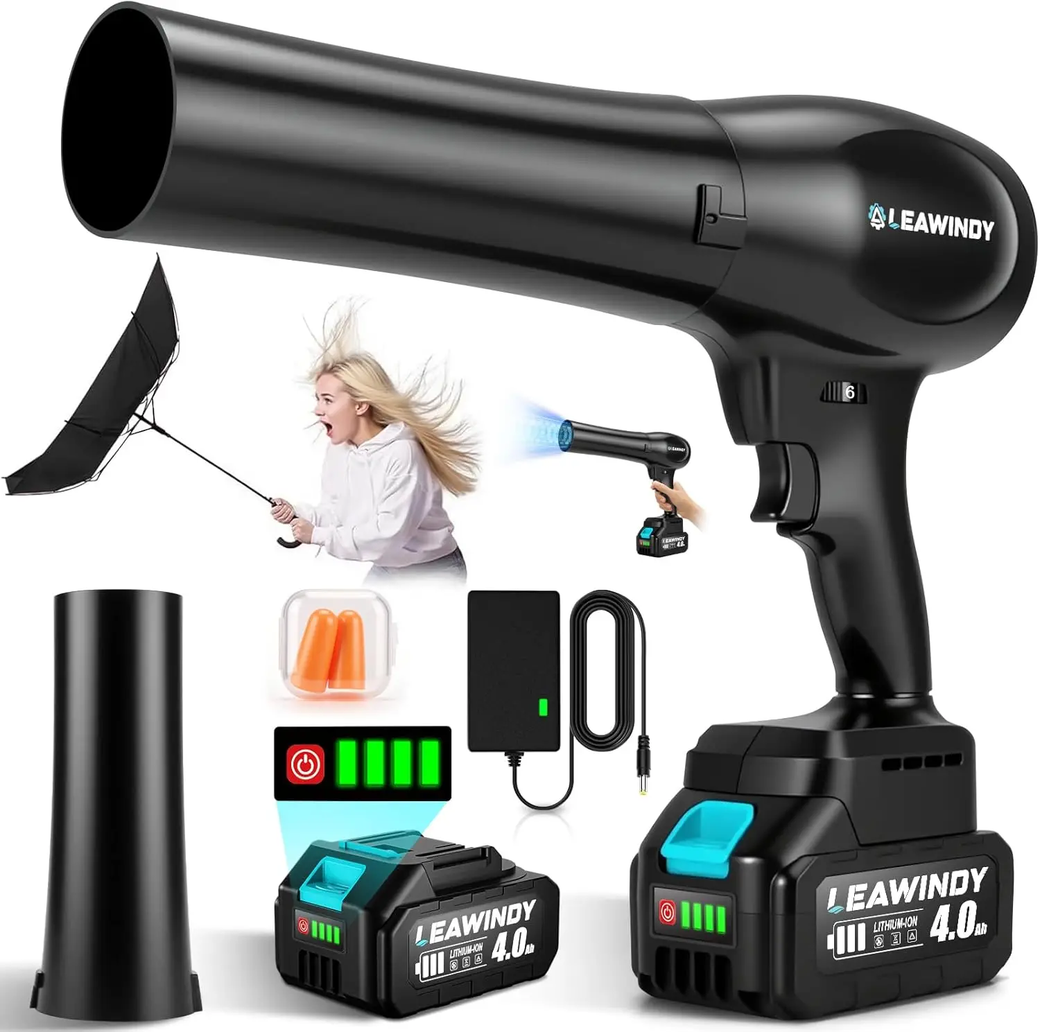 

Cordless Leaf Blower with 6 Speeds, Extended Nozzle & 4.0AH Battery for Lawn, Patio, Car Cleaning