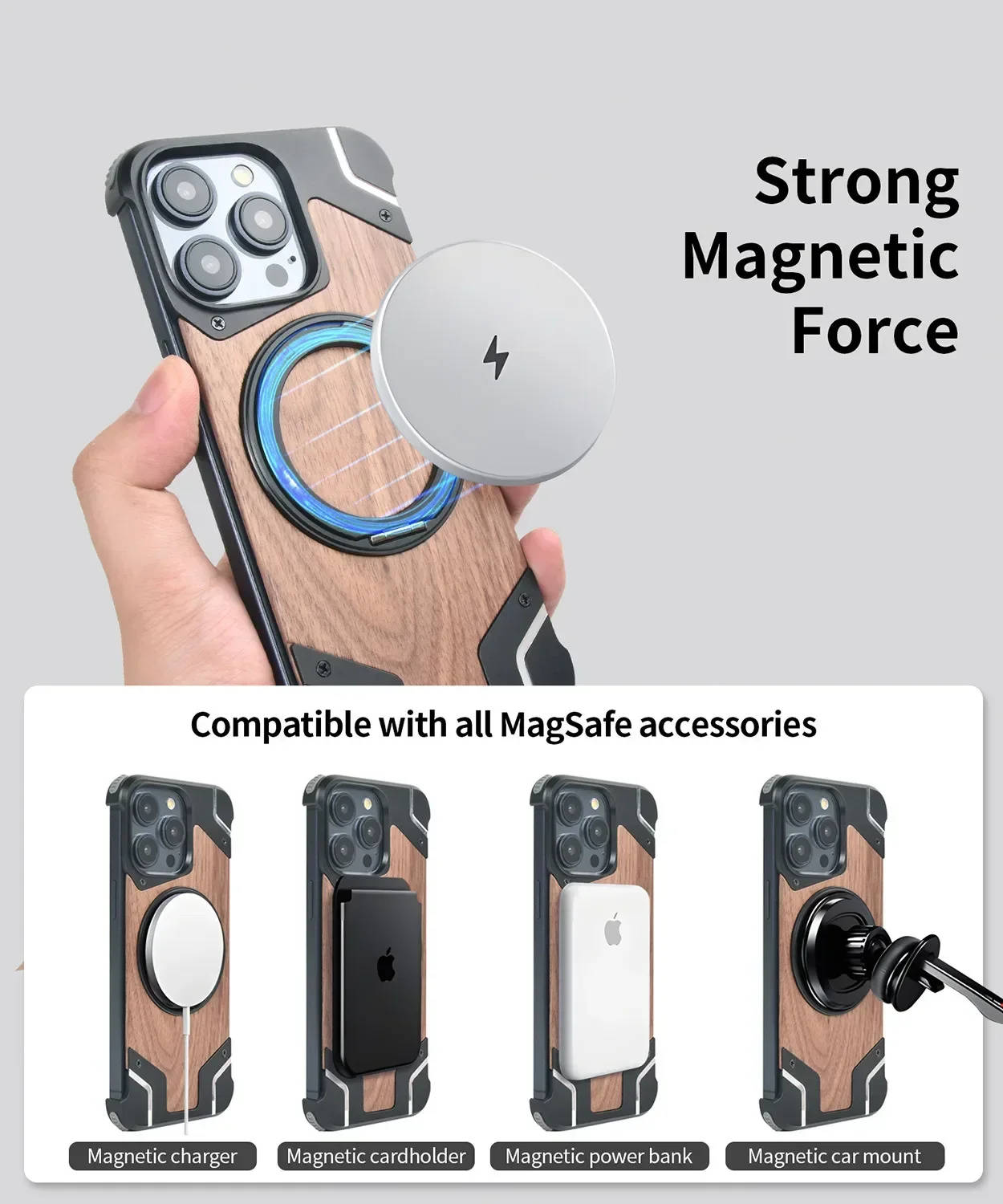 

Magnetic Metal Wood Case for iPhone, Magsafe, Frameless Bumper, Shockproof Stand 360 ° Rotatable, iPhone 16, 15Pro Max