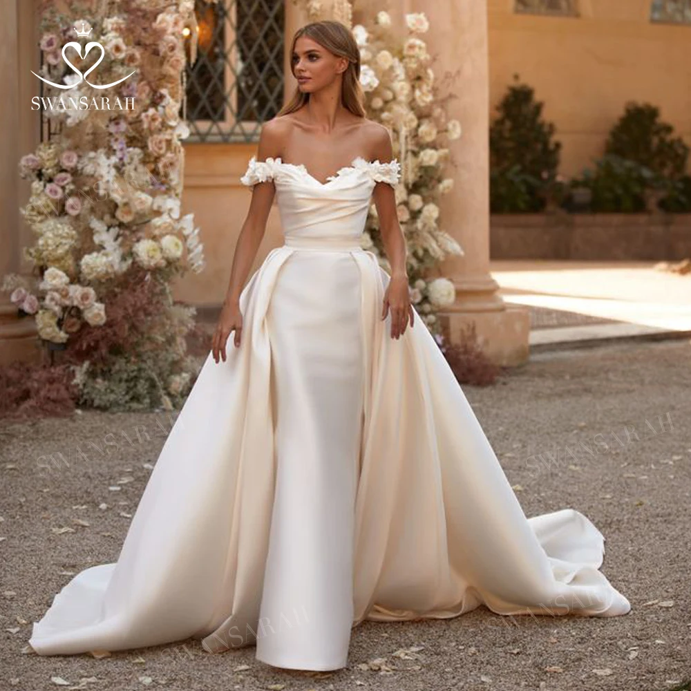 satin wedding dress with flowers Organza A-line wedding dress with 3D flowers