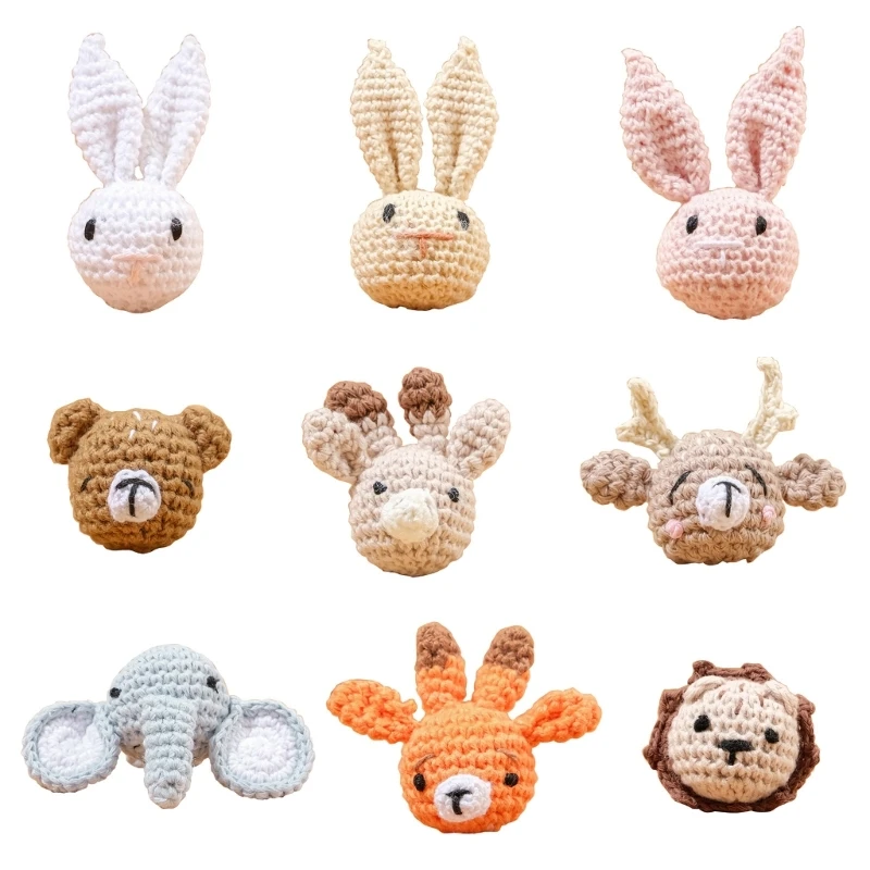 Handmade Crochet Rabbit Elephant Lion Animal Head Knitting Beads DIY Baby Pacifier Chain Chewable Accessories Infant Teether toy