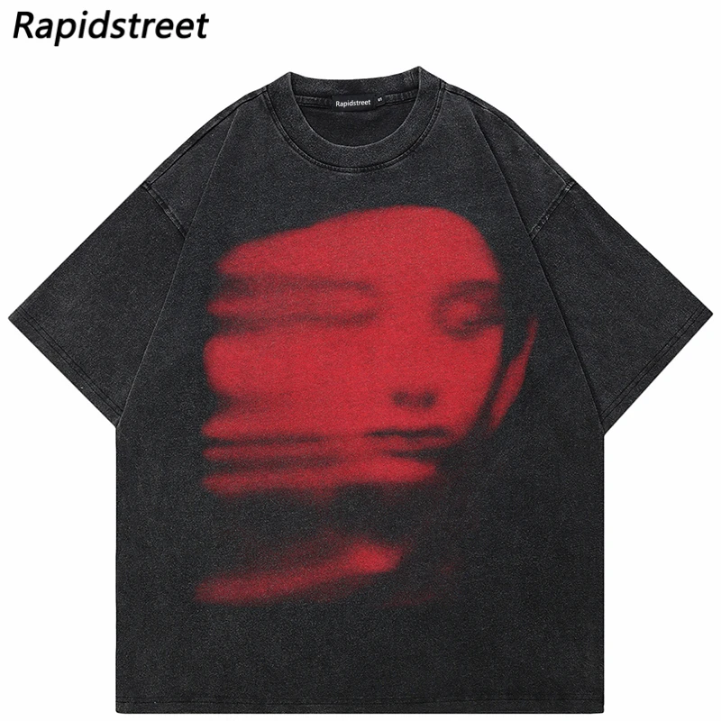 Vintage Oversized T Shirt Streetwear Red Face Shadow Graphic Retro Tshirt Hip Hop Cotton Harajuku T-Shirt Washed Black Y2K