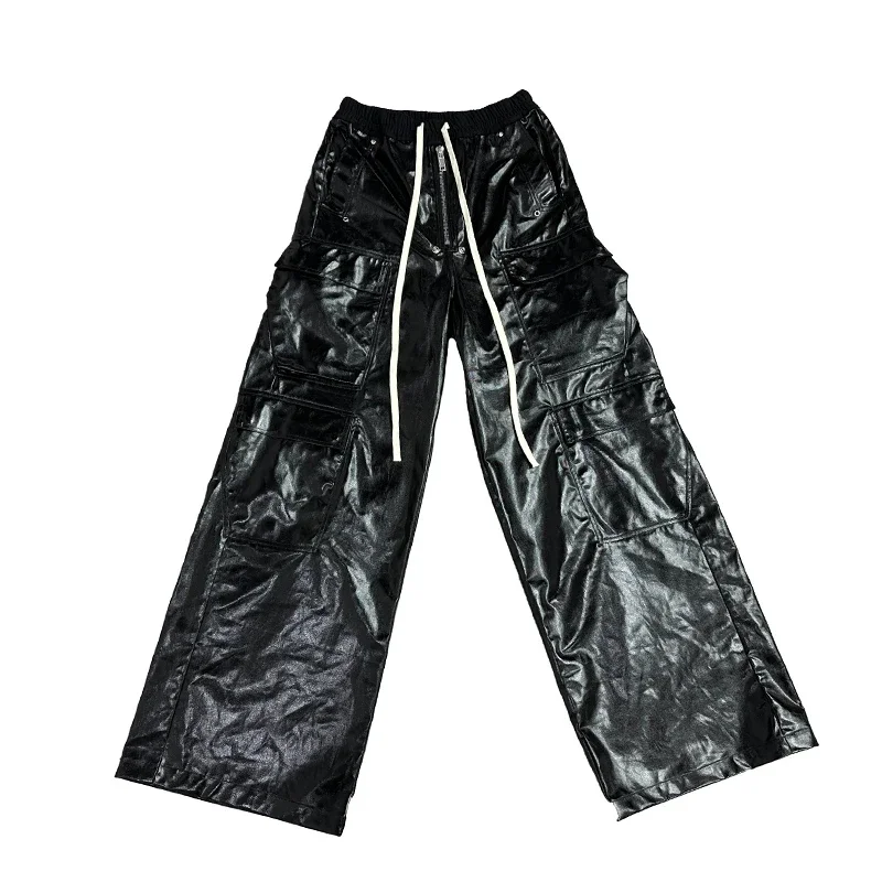 

High Street Men's Pants Cargo Pants Coating Waxed Full Length Fashion Men Trousers Owens Men's Clothing