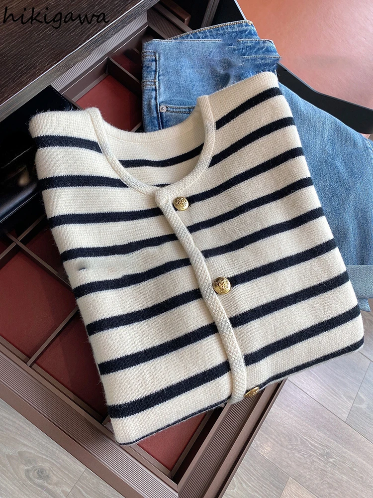 Elegant Cardigan Women 2023 Fall Clothing Fashion Striped Sweater Y2K Tops Long Sleeve Knit Cropped Sweaters Coat Pull Femme