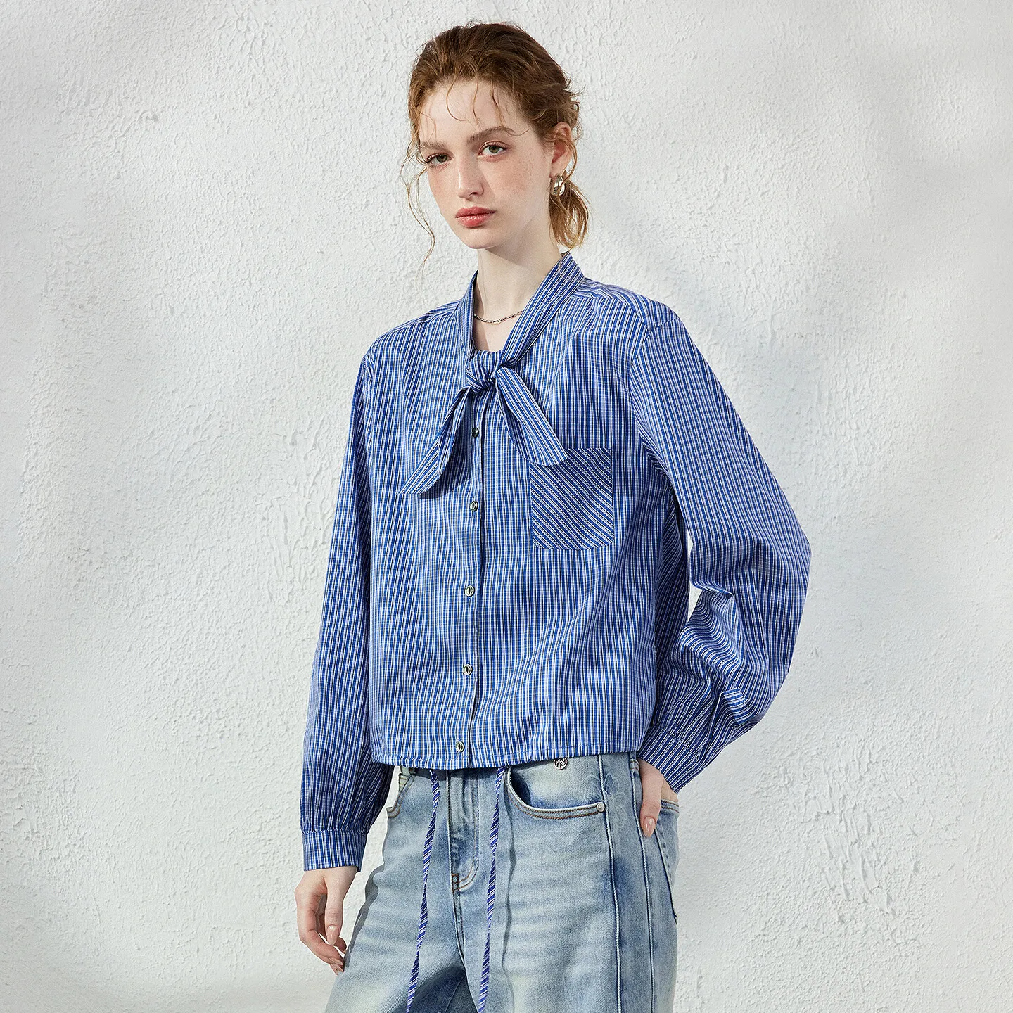 TOYOUTH Women's Royal Blue Plaid Blouse Fall 2026 Loose Tie Neck Intellectual Youthful Long Sleeve Top