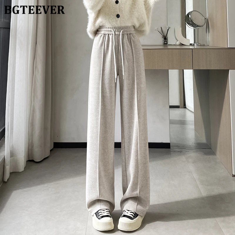 BGTEEVER Winter Fashion Warm Loose Floor-Length Straight Pants for Women Stylish High Waist Lace-up Women Thicken Trousers