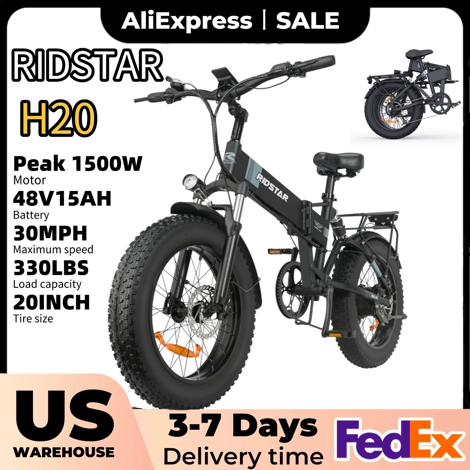 

Ridstar H20 Folding Electric Bike for Adults 1500W 48V 15AH 30MPH 50Miles 20" Fat Tire City Commuter E-Bike Foldable Bicycle UL