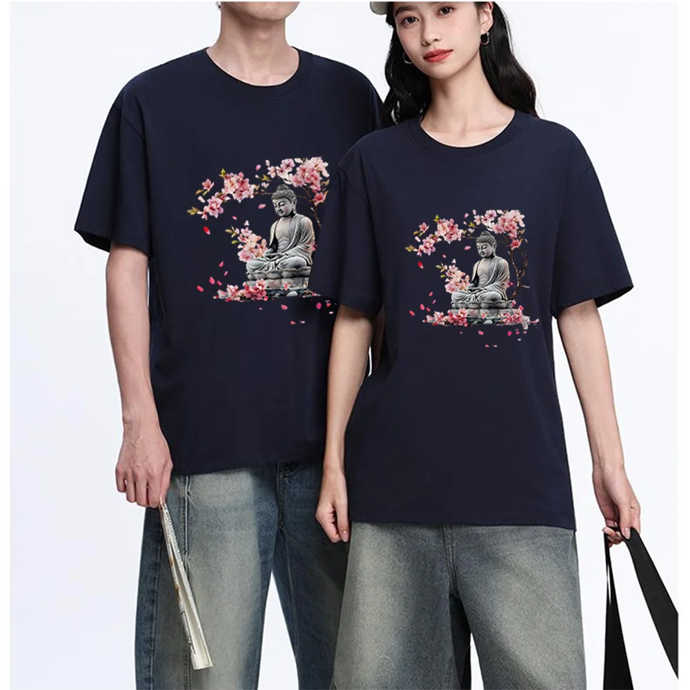Buddha Statue Cherry Blossom Printed T Shirt Breathable Fabric S-XXL Personalized Custom Aesthetic Graphic Top Unisex Fit Casual
