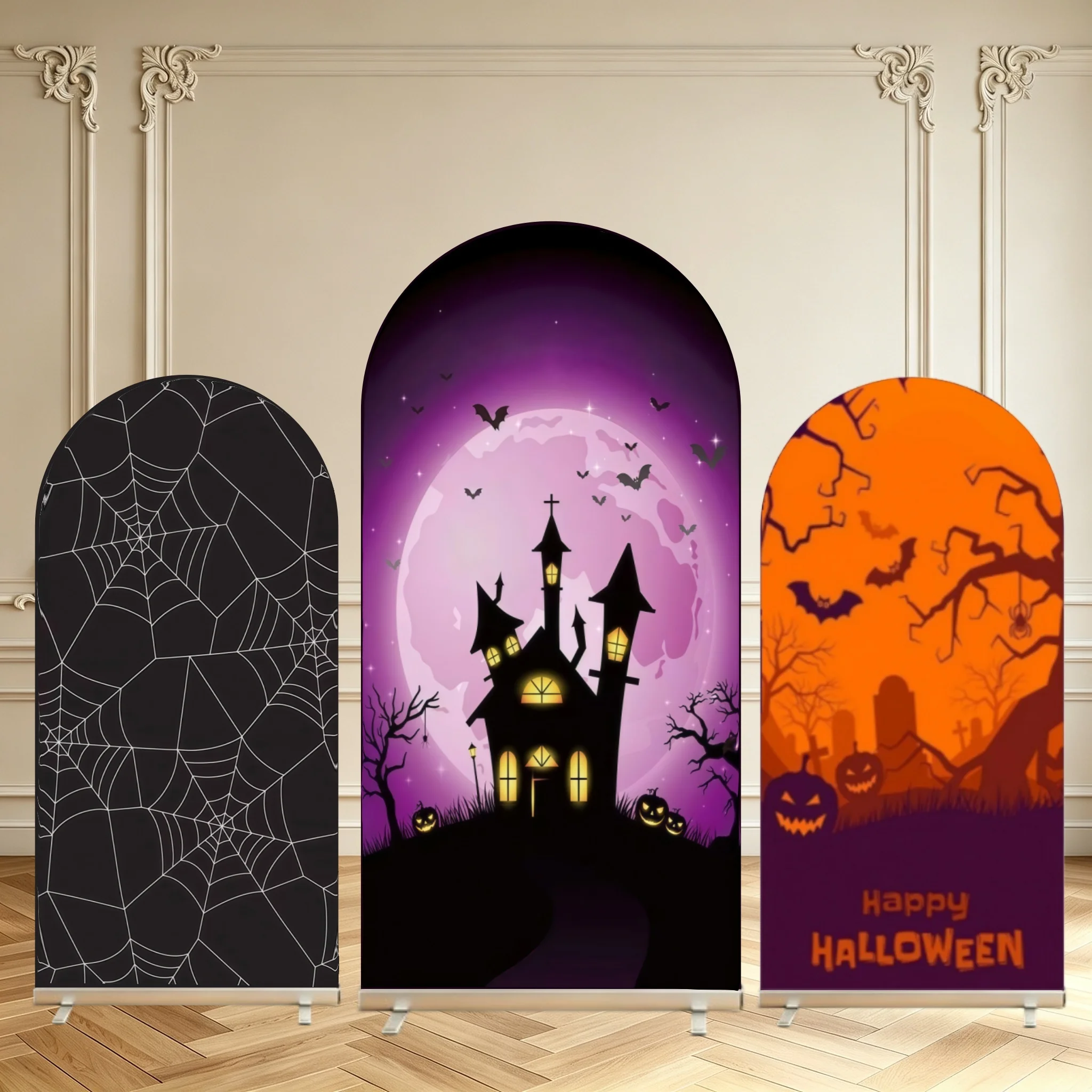 Spooky Halloween Arch Backdrop Cover Haunted Castle Spider Web Halloween Party Decorations Double Sided Arch Cover Background