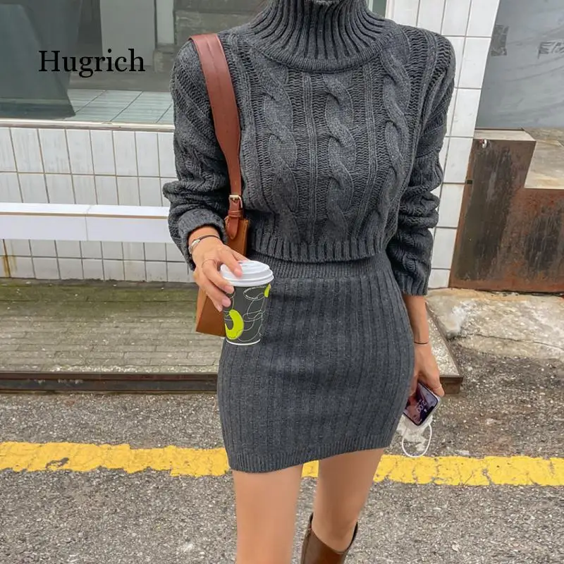 

Fall Winter Women Twist Warm Turtleneck Short Pullover Sweater Tops High Waist Knitted Skirt Sets 2 Piece Sets Womens Outifits