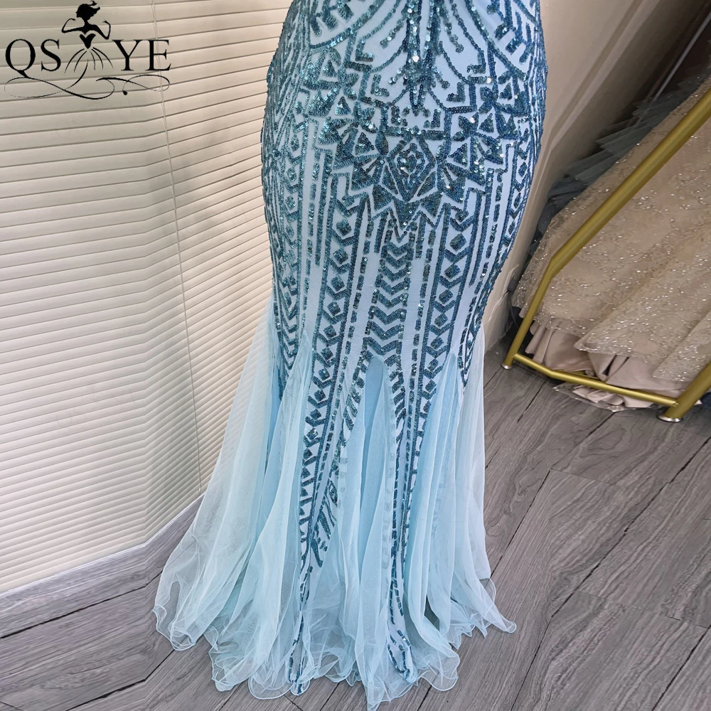 One Strap Light Blue Prom Dress Mermaid Crystal Beaded Strings Pattern Sequin Lace Evening Dress Tulle Bottom Party Gown 2024