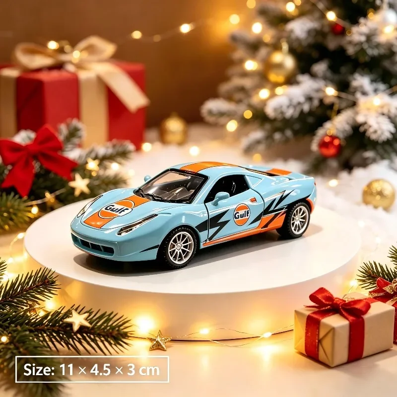 Gulf Style Alloy Sports Car Diecast Model, Pull Back Racing Toy, Openable Doors, Gloss Racing Livery, Tabletop Collectible Ornam