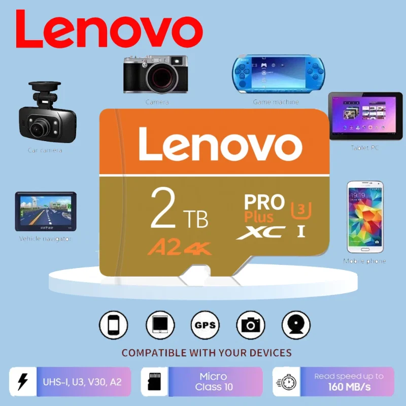 

Lenovo 2TB SD Memory Card High Speed Micro TF SD Card 128GB 1TB 512GB 256GB A2 V30 SD TF Flash Cards For Xiaomi Phone Computer