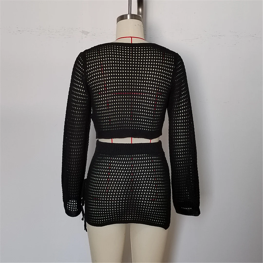 V-Ausschnitt, lange Ärmel, gehäkeltes Strickmuster, zweiteiliger Anzug, Strandkleid, Strandüberwurf, Strandmode, Damen, V6490 – Detail 22