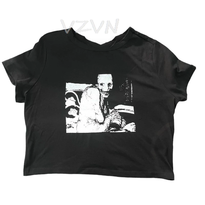 

Y2K abstract skeleton Print T-shirt Emo Girl Crop Tops Slim 90s Fairy Grunge Streetwear Harajuku Goth Short Sleeve baby tee
