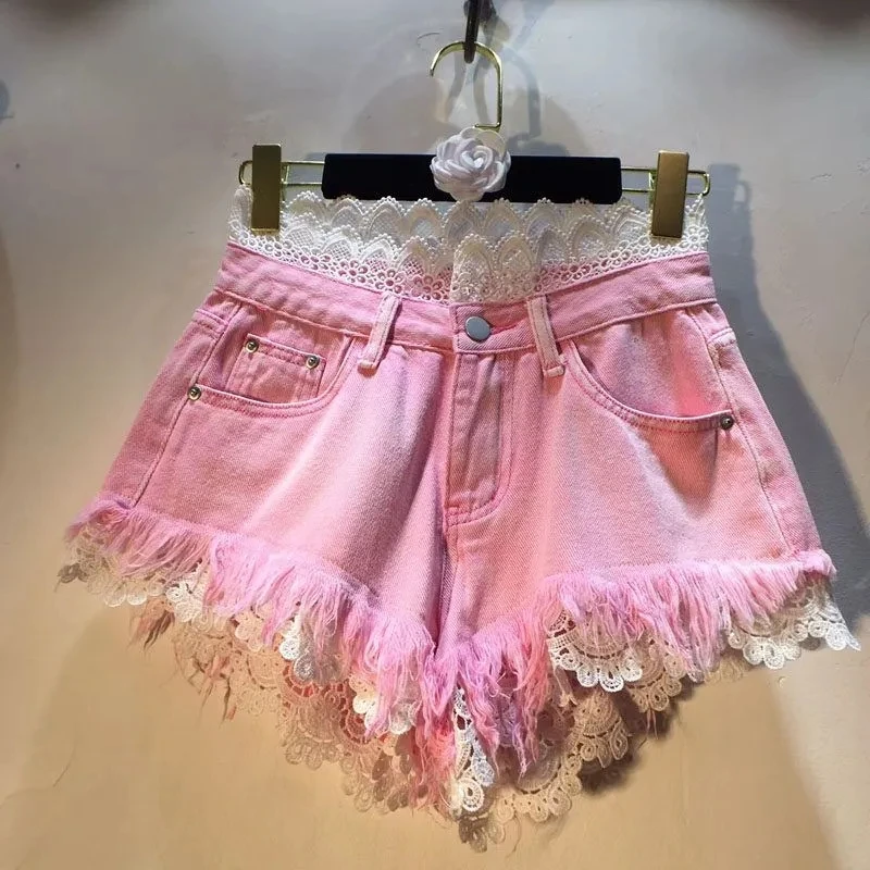 Womens High Waist Slim Raw Edge Denim Shorts Crochet Lace Splicing Design New Arrival For 2026 Summer Casual Hot Pants