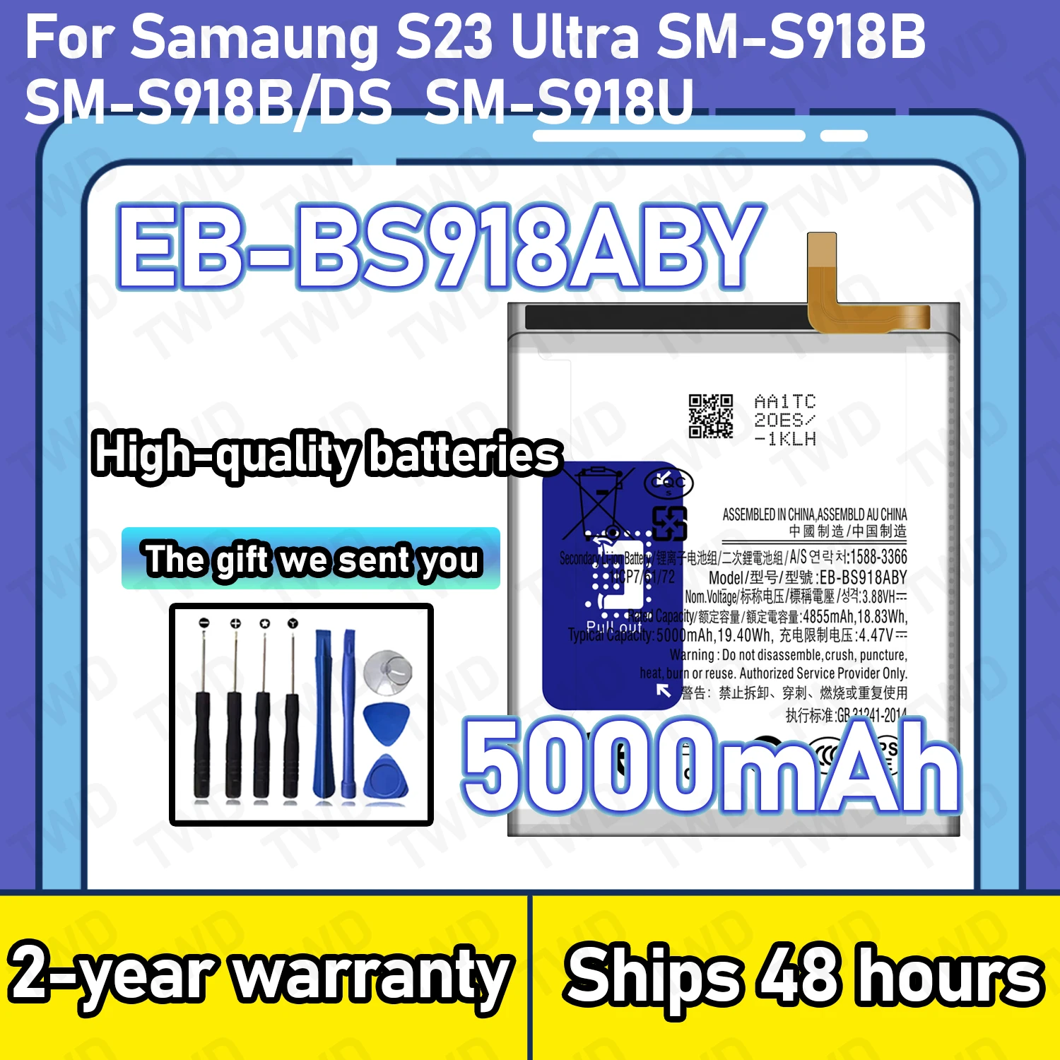 EB-BS918ABY 5000-mAh-Akku with großer Kapazität for Samsung Galaxy S23 Ultra – newe, hochwertige Batterie + kostenloses tools.