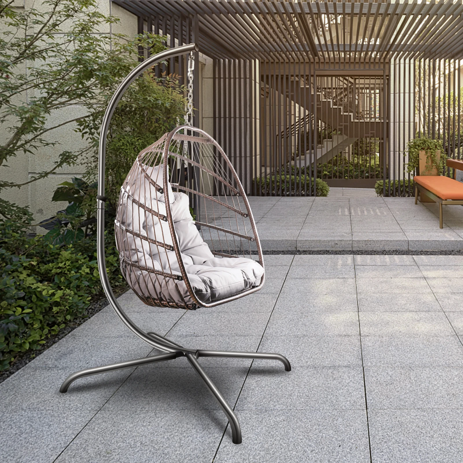 Swing Egg Chair with Stand Indoor Outdoor Wicker Rattan Patio Basket Hanging Chair with C Type Bracket ,Patio Hanging Chair