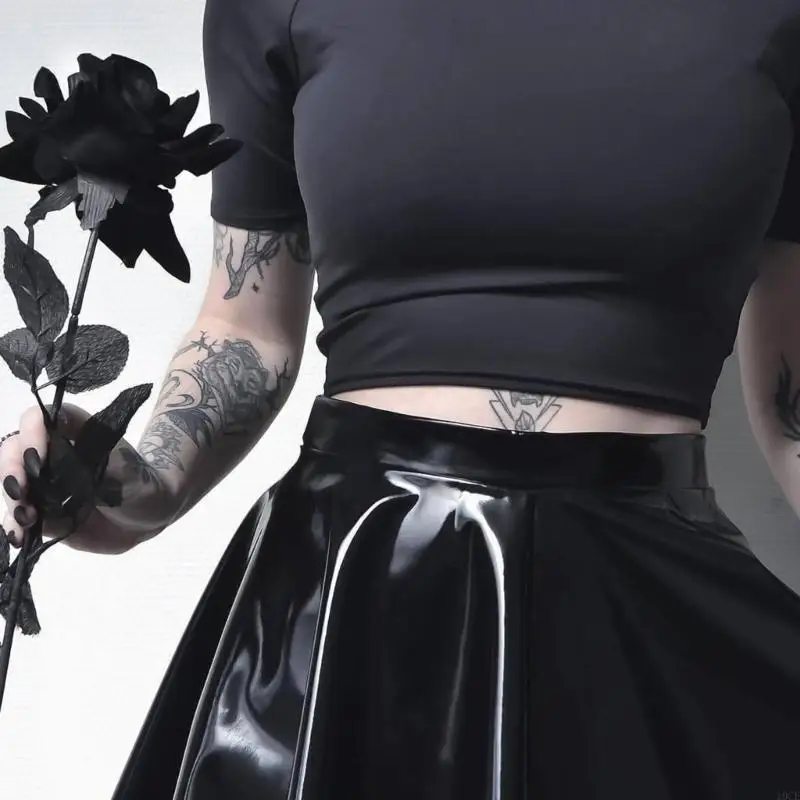 Casual High Waist Flared Mini Skater Skirt Faux Leather Pleated Skirt for Womens