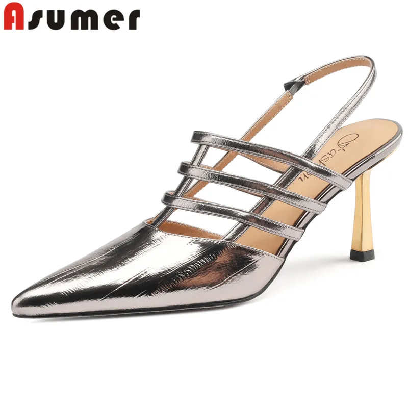 

ASUMER 2024 New Genuine Leather Slingbacks Shoes Women Elegant Ladies Party Sandals Slip On Thin High Heels Sandals