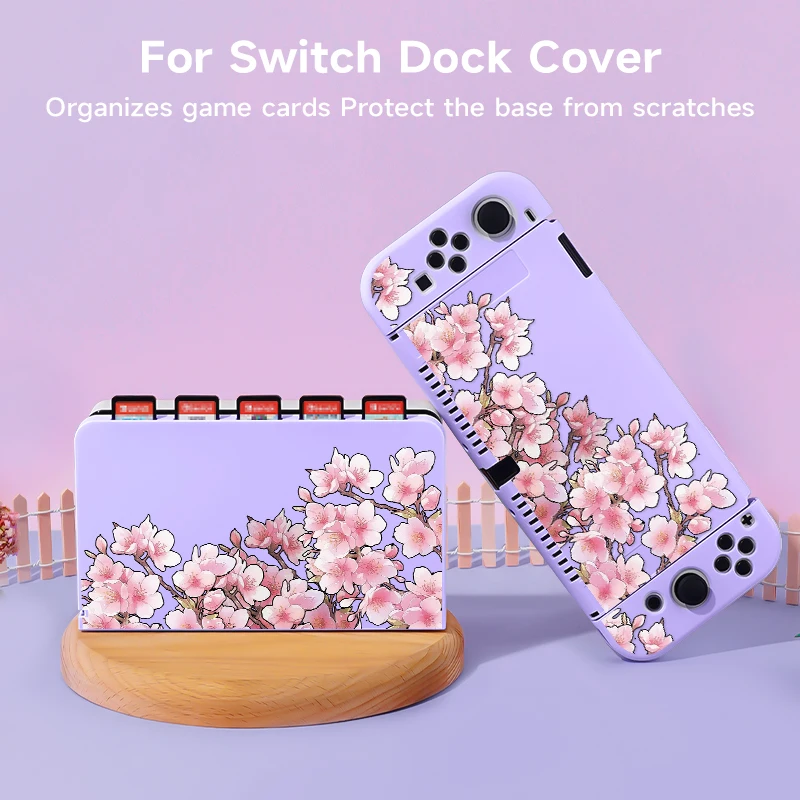 2 Pcs Peach Blossom Powder  Theme Pattern Protective Case with Base Cover Set for Switch OLED/Switch NS, Can Store 5 Game Cards