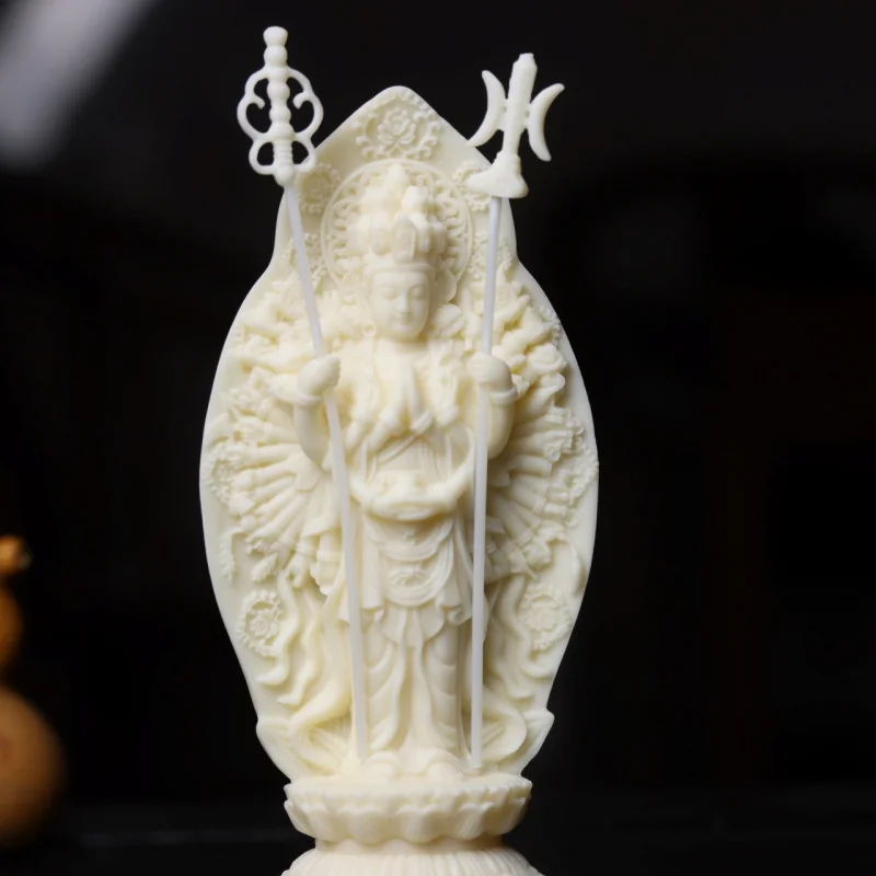 Ivory Nut Carved Thousand-Hand Kwan-Yin Ornaments Sitting Lotus Bodhisattva/Buddha Statue Crafts Home Worship Safe Ornaments