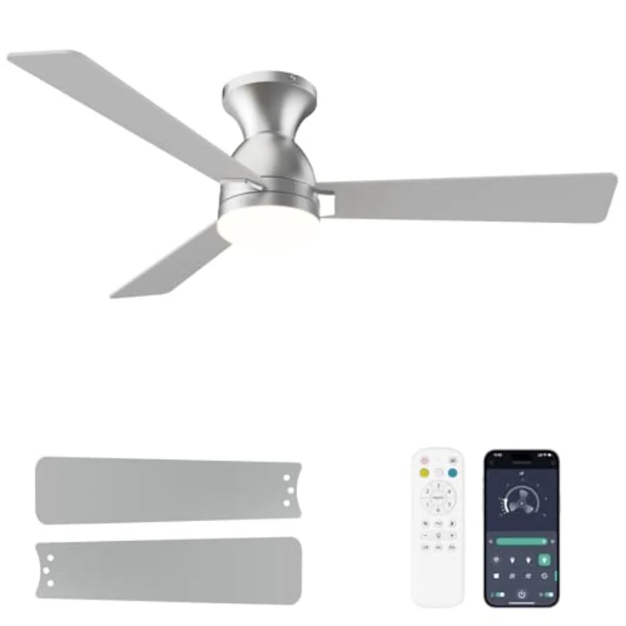 

Bedroom dining room ceiling fan with lights: 48-inch low-profile flush mount, nickel finish, reversible quiet operation, 3CCT d