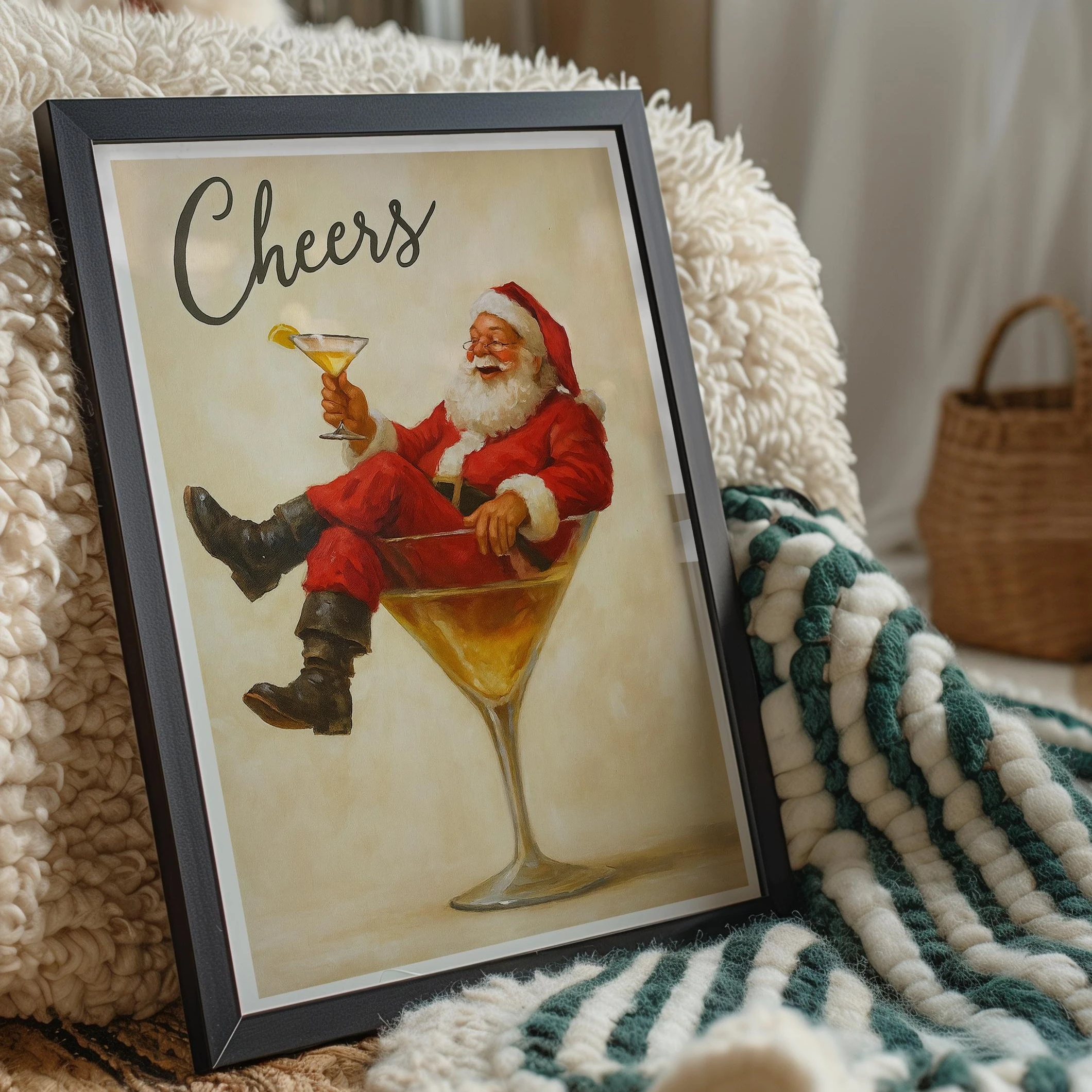 Cheers Santa Claus Poster Funny Retro Christmas Wall Art Poster Vintage Holiday Cocktail Print for Christmas Holiday Decorations