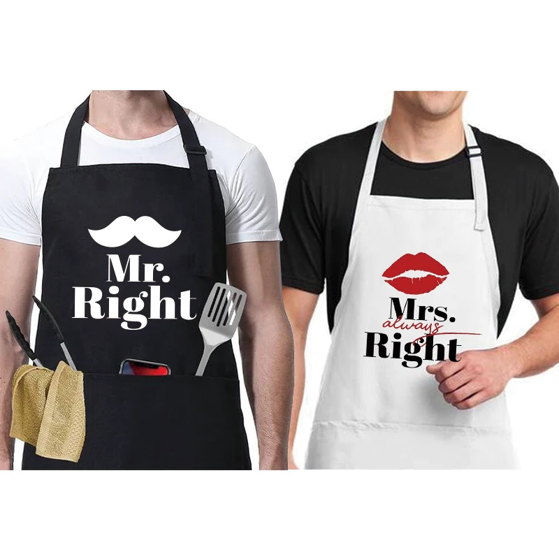 Poly Cotton Funny Couple White Apron Customized Logo Home Cooking Kitchen Barbecue Adjustable Neck Hanger Cleaning Apron