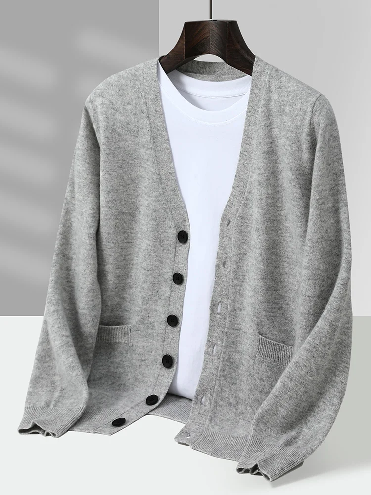 

00% Pure Wool Men's Open Cardigan Jaet with kets Loose Large Size V-ne Sweater Spring Autumn Knitted Thin Base irt