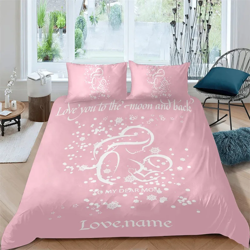 Custom Happy Mother's Day Snowflake Pink Orange Bedding Set 3 Piece Duvet Cover Set With Name Twin Size Microfiber Quilt Cover