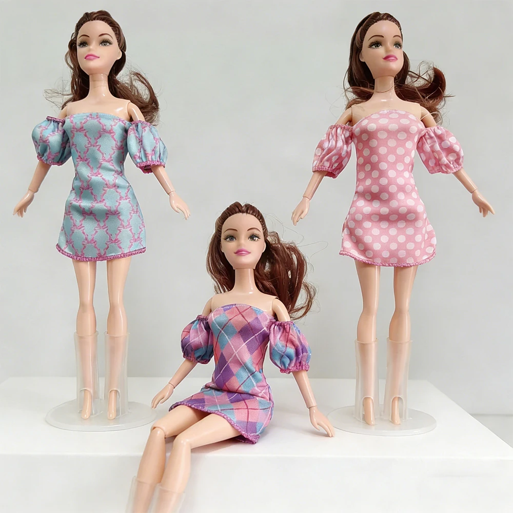 3PCS Cute Puff Sleeve Doll Dress Set-in Polka Dot, Plaid, Bow Pattern - Fashion Accessories Outfits for 11.5 Inch/30cm Dolls