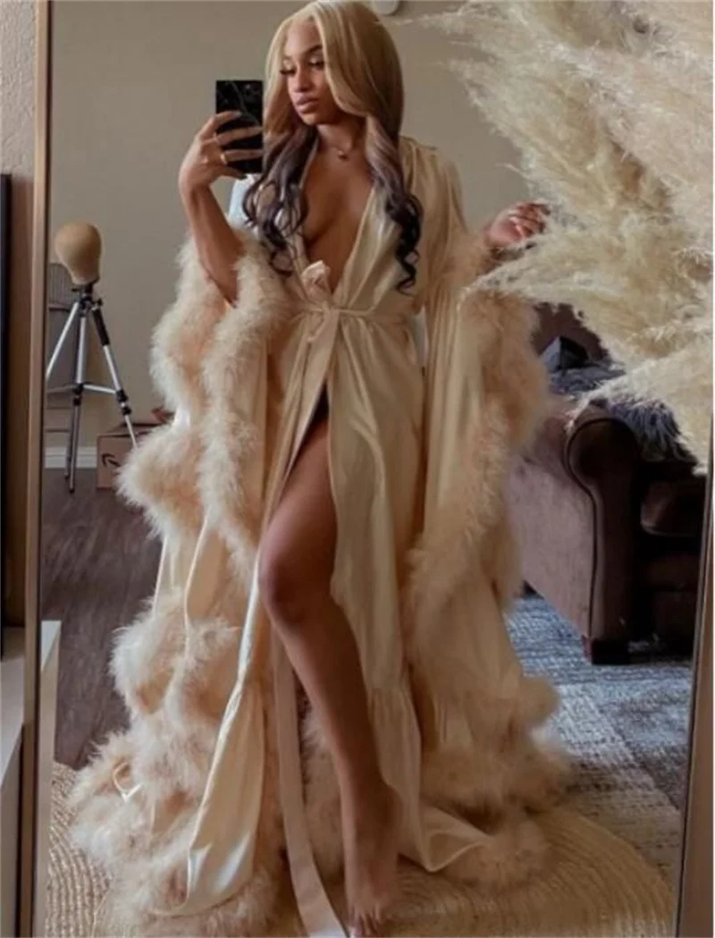 Satin Feather Women Wedding Prom Dress For Photo Shoot Sexy V Neck Full Sleeves Bridal Morning Robe Customized Party Night Gown