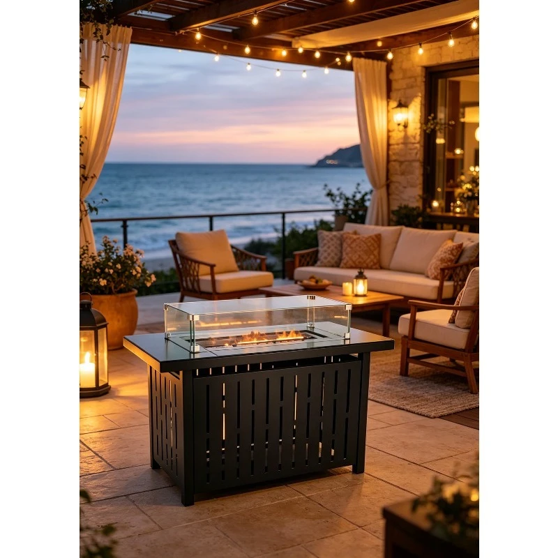 1090mmOutdoor LPG Fire Pit Table Propane/Butane Gas Patio Heater with 304 Burner Glass Wind Guard  Lava Rock for Garden Backyard