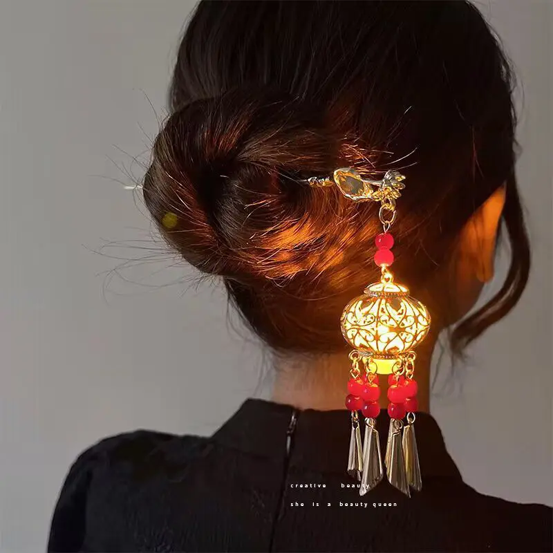 Chinese Palace Lantern Hairpin Vintage Metal Hair Sticks Forks With Light Women Jewelry Retro Lotus Flower Tassel Headpieces