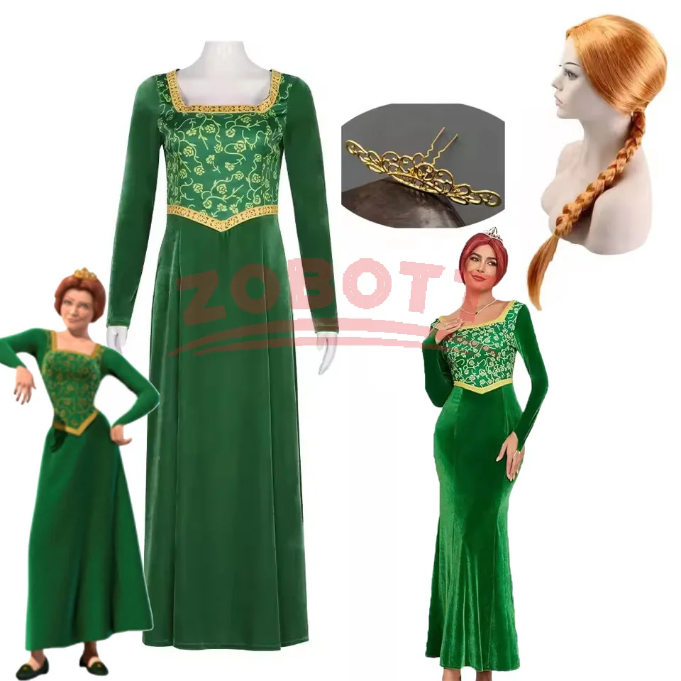 

Anime Princess Green Dress Fiona Dress Shrek Cosplay Costume Halloween Fancy Fantasy Party Suit Roleplay for Adult Woman