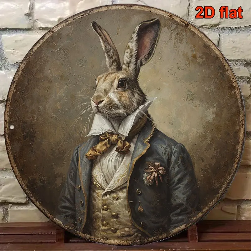 2D Flat - 1pc 8 X 8In/20 X 20Cm 2D Flat Round Sign, Vintage Plaque with Gentleman Rabbit Pattern, Cartoon Animal Decorative Sign