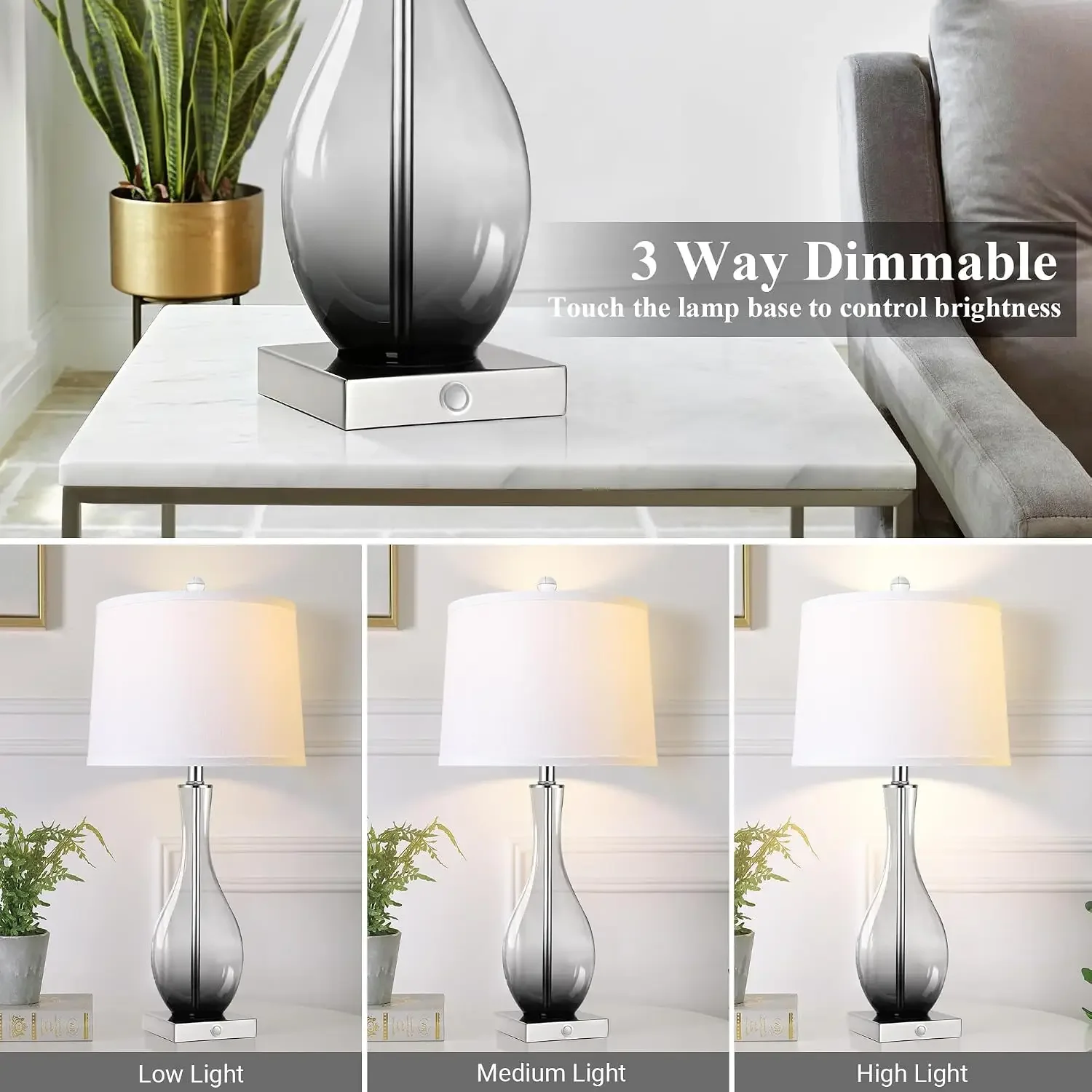 27" Glass Table Lamps with USB-C & USB-A, Touch 3-Way Dimmable, Set of 2, Gray Gradient, E26 Base, Bulbs Included view 2