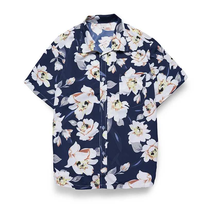 Floral Shirt Cardigan Digital Print Men's Classic PU Leather Waist-Cinching  Neck Short Sleeve CleanFit Style for Middle-...